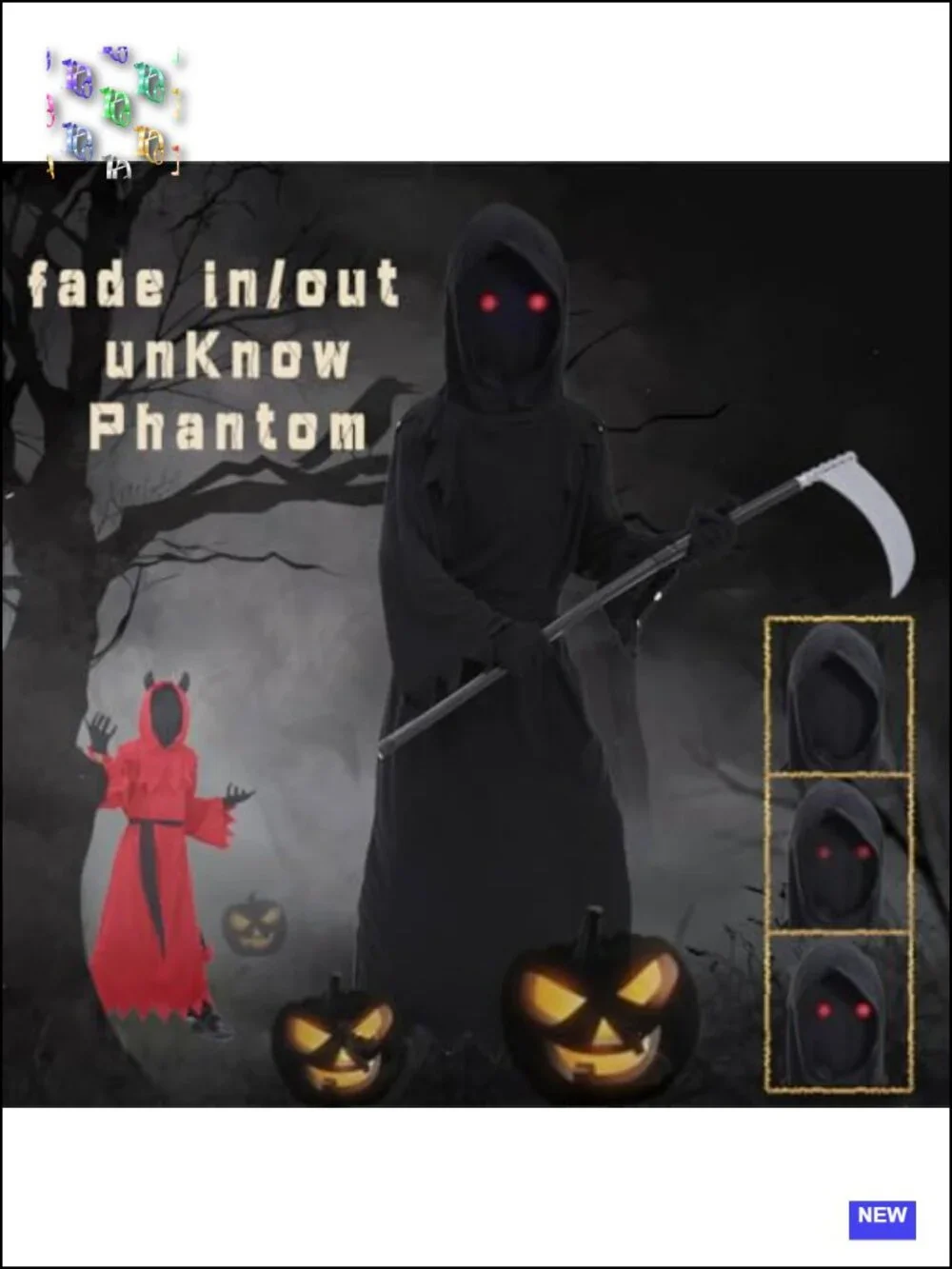 Kids Grim Reaper Halloween Costume 6pc Set Glowing Mask Hooded Robe